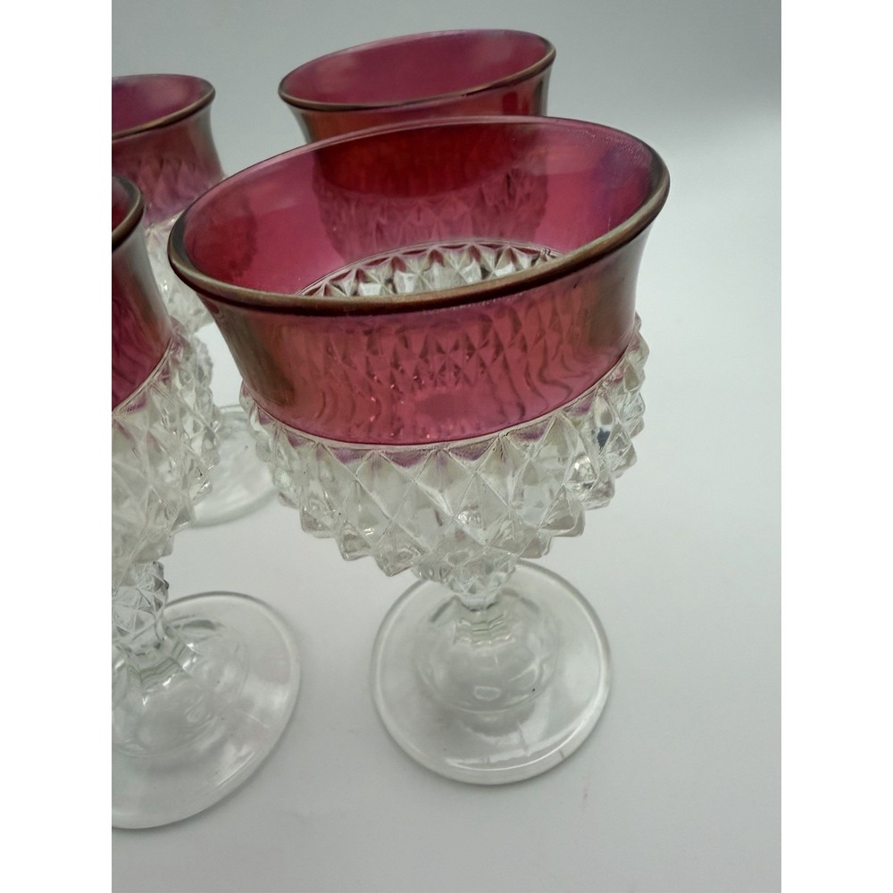 Set Of 4 Vintage Indiana Glass Ruby Flashed Diamond Point Glasses 5.5 - Picture 3 of 8